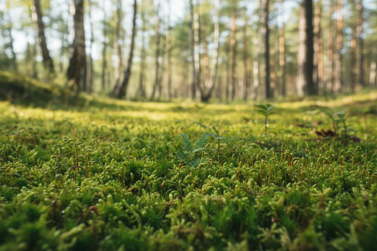 Frodig grønt mos i nordisk skov